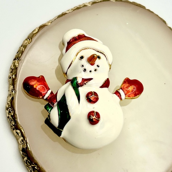 Signed Christopher Radko Gold Tone Enamel Snowman Christmas Holiday Brooch Pin, - Picture 3 of 7